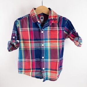 Janie and Jack Plaid Button-Up Short Sleeve Shirt Red Blue Casual Boys 2T